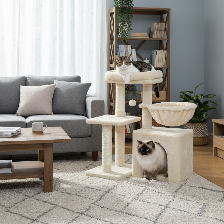Arbre à chat beige 73 cm avec hamac confortable et niche