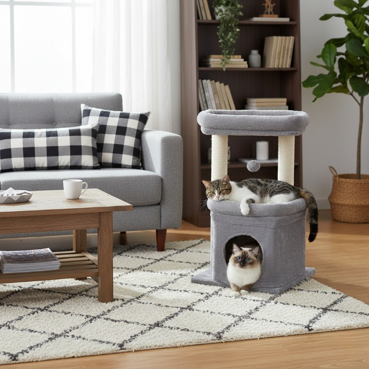 Arbre à Chat Gris Multifonction avec Niche, Griffoirs Naturels et Jouet Suspendu