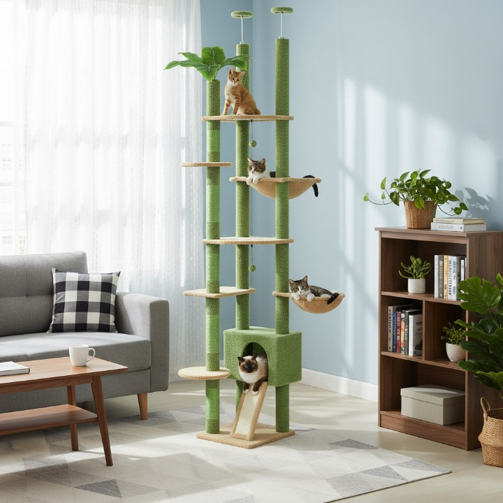 Arbre à Chat Cactus Vert du Sol au Plafond avec Hamac, Niche et Griffoirs