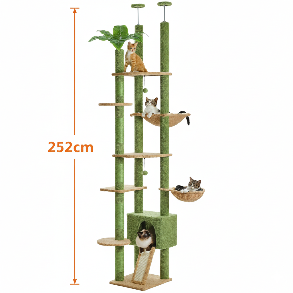 Arbre à chat cactus vert sol-plafond avec hamac, niche et griffoirs