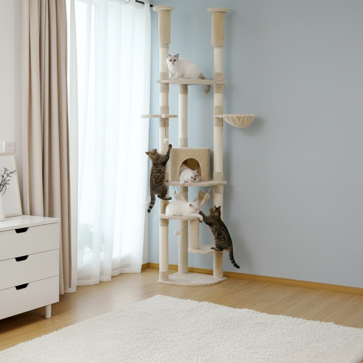 Arbre à chat beige du sol au plafond avec griffoirs, hamac et condo douillet