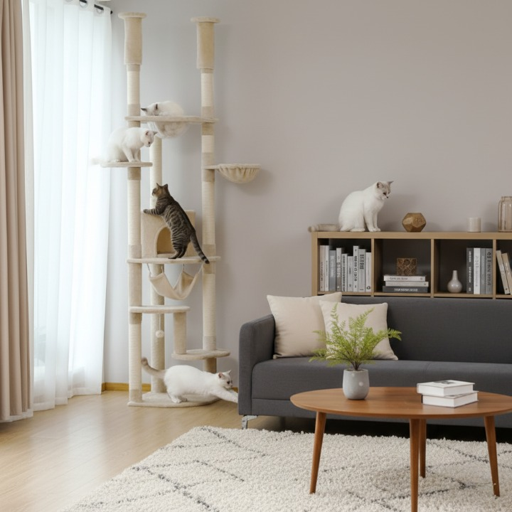 Arbre à chat beige du sol au plafond avec griffoirs, hamac et condo douillet