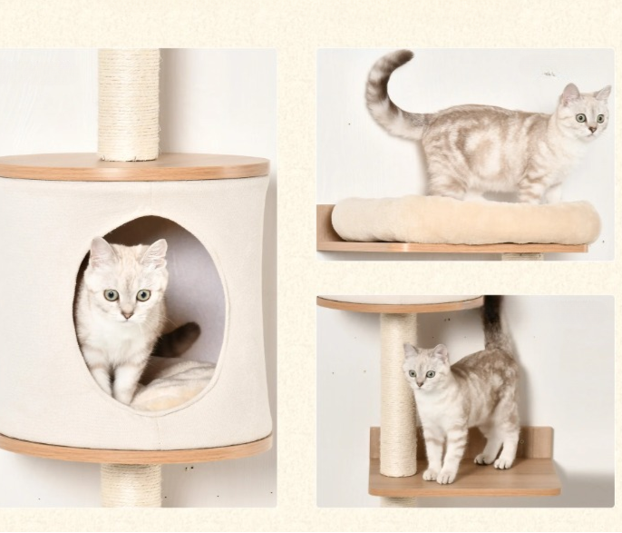 Arbre à chat mural avec niche, coussins amovibles et griffoir intégré