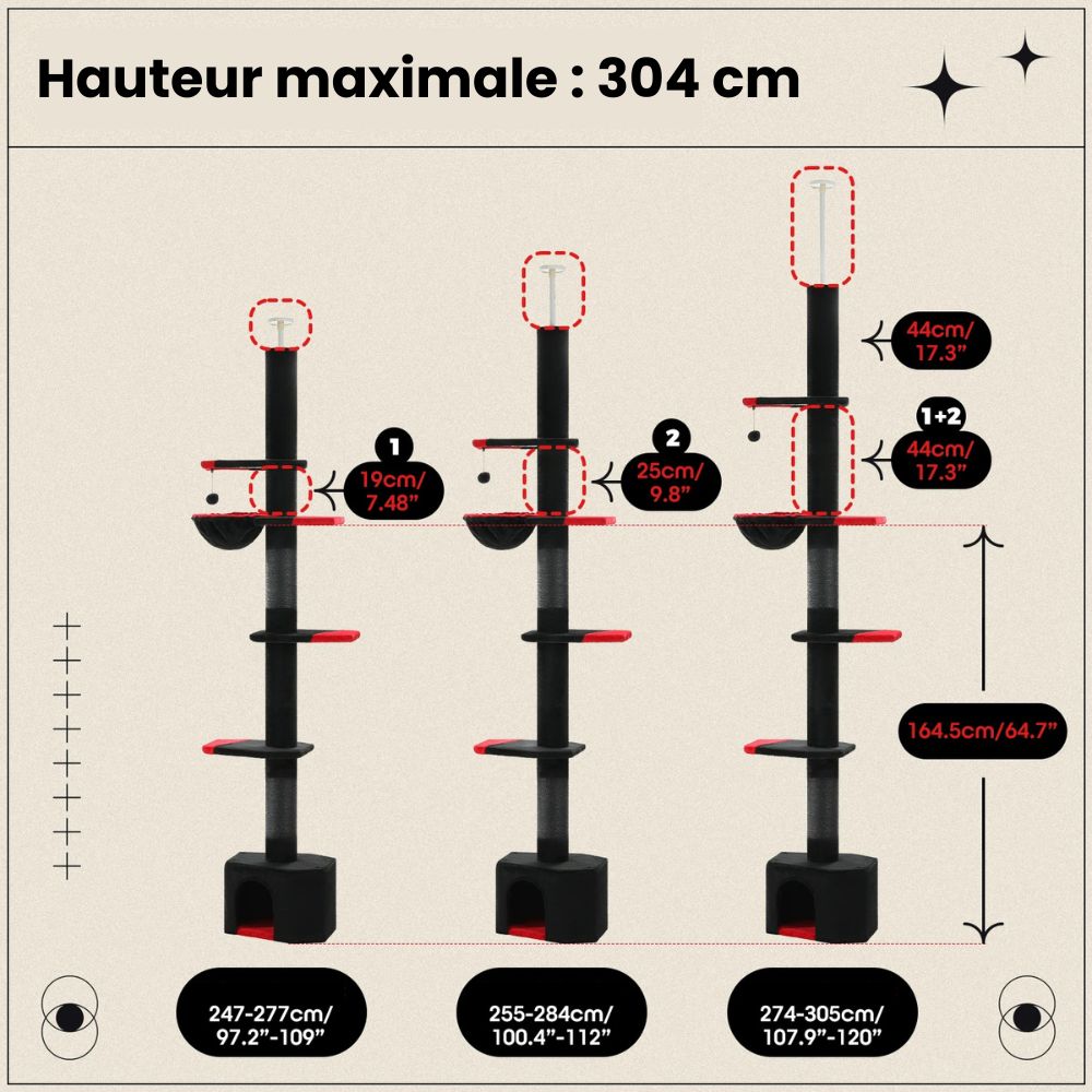 Arbre à chat noir ajustable de 264 à 304 cm – Tour du sol au plafond avec griffoirs, hamac, condo et balles suspendues