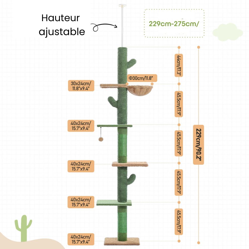 Arbre à chat vert ajustable de 229 à 275 cm – Tour du sol au plafond avec griffoirs, hamac, condo et balles suspendues