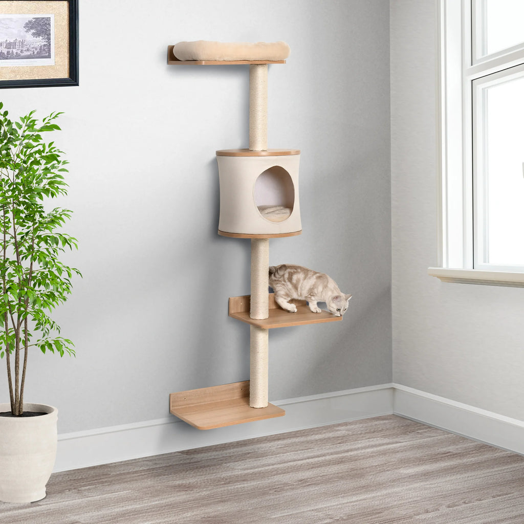 Arbre à chat mural avec niche, coussins amovibles et griffoir intégré