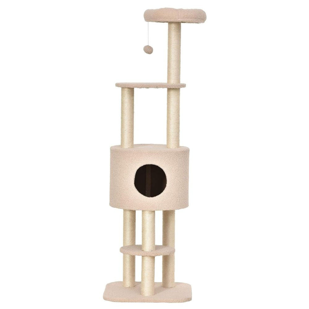 Arbre à chat beige 148 cm avec niche, poteaux en sisal et 3 plateformes