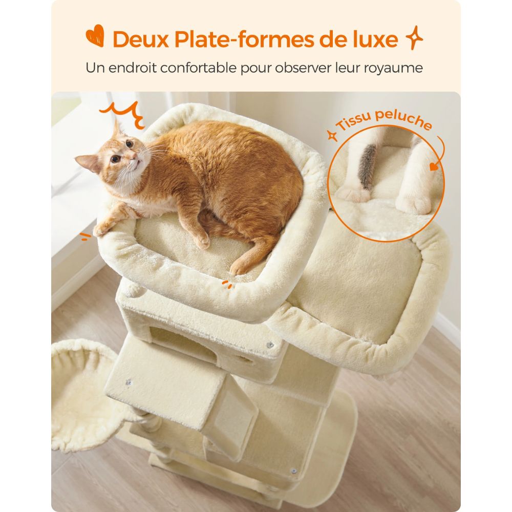 Arbre à Chat XXL beige 206 cm – Arbre à chat multi-niveaux avec Griffoirs, Perchoirs, Hamac et Maisons pour Chats