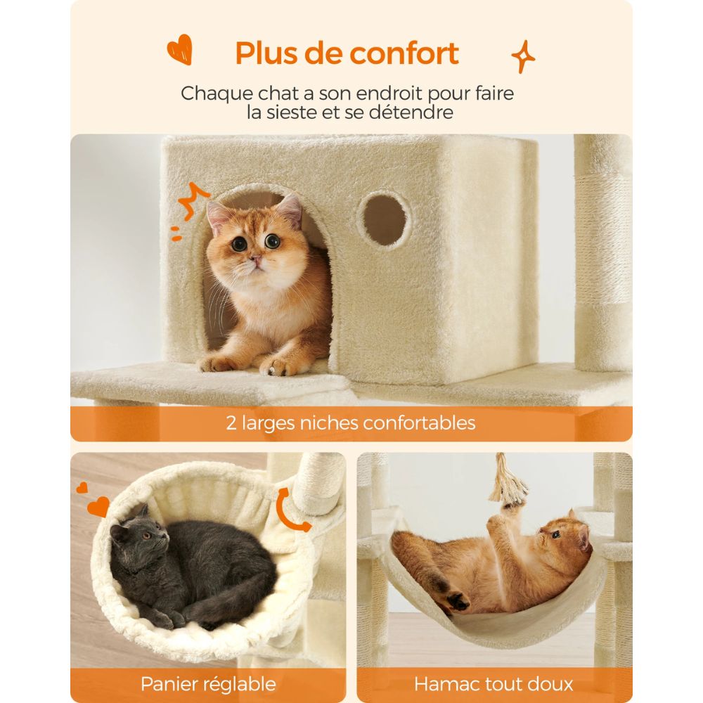 Arbre à Chat XXL beige 206 cm – Arbre à chat multi-niveaux avec Griffoirs, Perchoirs, Hamac et Maisons pour Chats