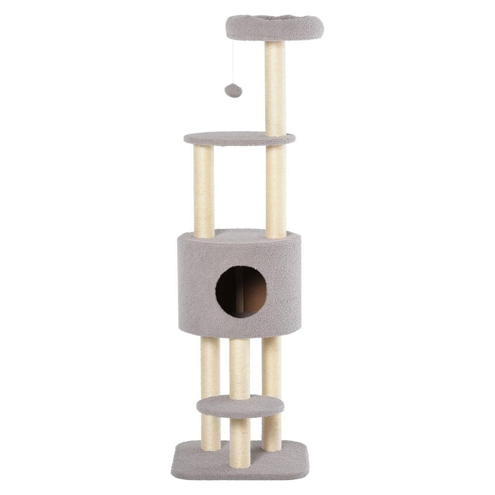Arbre à chat gris 148 cm avec niche, poteaux en sisal et 3 plateformes