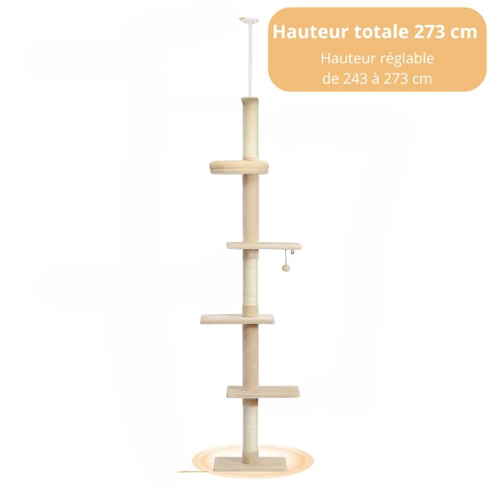 Arbre à chat beige et blanc ajustable de 243 à 273 cm – Arbre à chat du sol au plafond avec poteaux à griffer et jouets