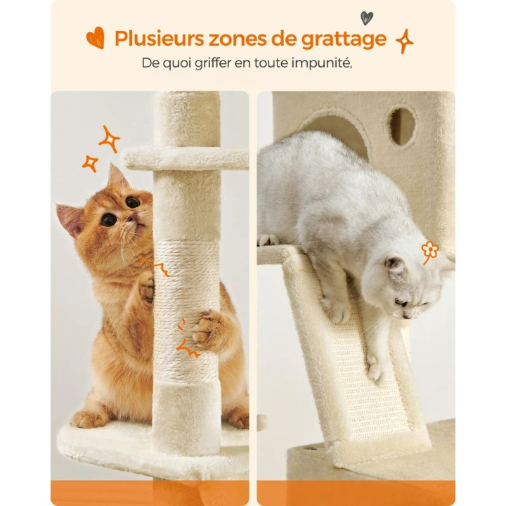 Arbre à Chat XXL beige 206 cm – Arbre à chat multi-niveaux avec Griffoirs, Perchoirs, Hamac et Maisons pour Chats