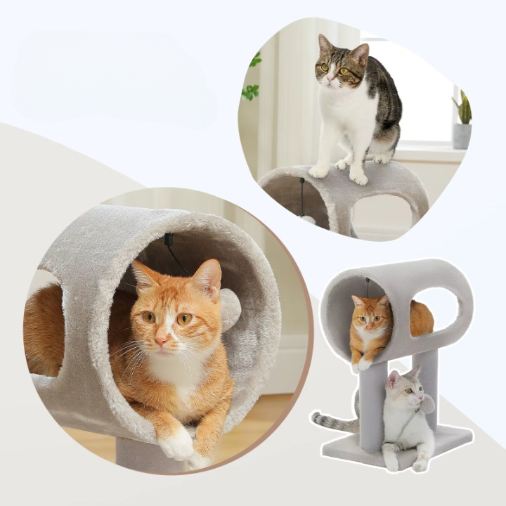Petit arbre à chat gris 53 cm avec niche et jouets
