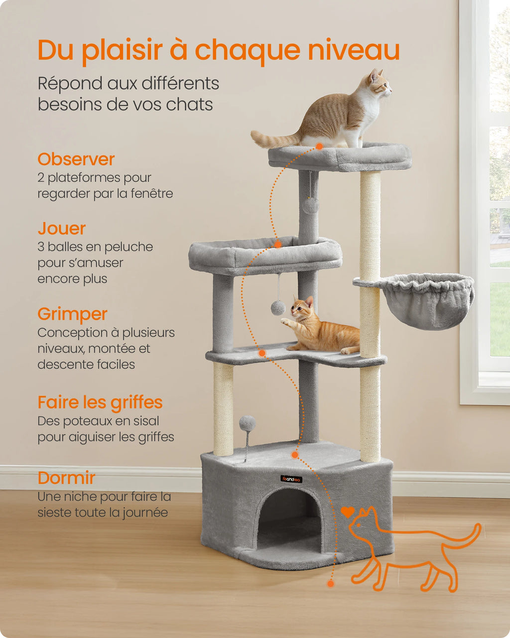 Arbre à chat gris 140 cm avec niche, grands plateaux, hamac et jouets suspendus – Confort et jeu pour chats d’intérieur