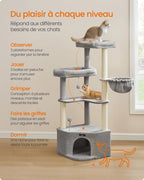 Arbre à chat gris 140 cm avec niche, grands plateaux, hamac et jouets suspendus – Confort et jeu pour chats d’intérieur