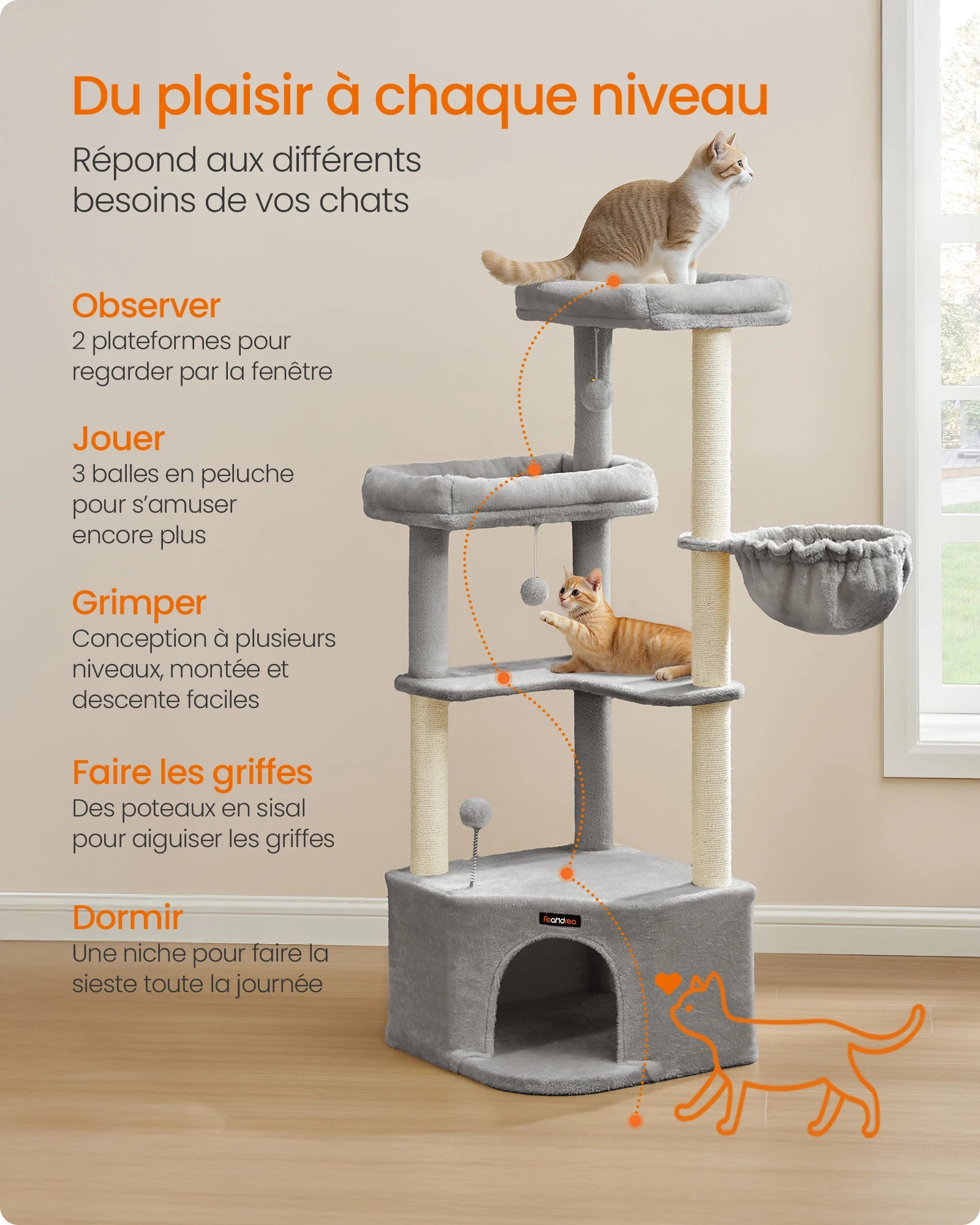 Arbre à chat gris 140 cm avec niche, grands plateaux, hamac et jouets suspendus – Confort et jeu pour chats d’intérieur