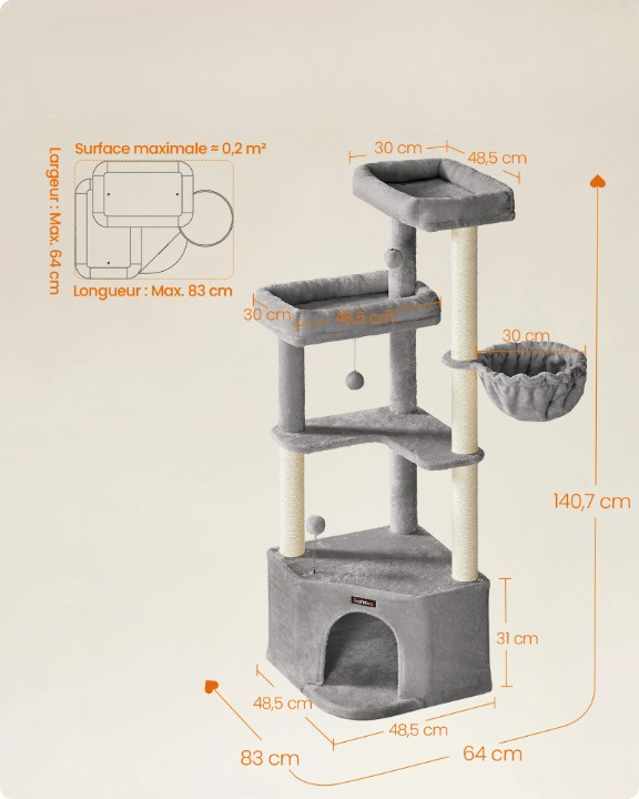 Arbre à chat gris 140 cm avec niche, grands plateaux, hamac et jouets suspendus – Confort et jeu pour chats d’intérieur