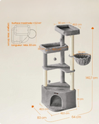 Arbre à chat gris 140 cm avec niche, grands plateaux, hamac et jouets suspendus – Confort et jeu pour chats d’intérieur