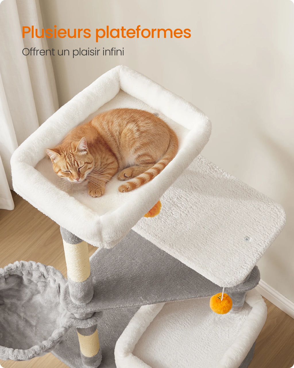 Arbre à Chat Gris 152 cm – Hamac, 2 Caches Spacieuses, 3 Griffoirs et Plateformes pour Chats