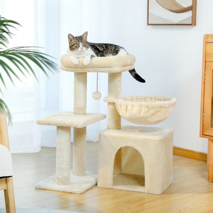 Arbre à chat beige 73 cm avec hamac confortable et niche
