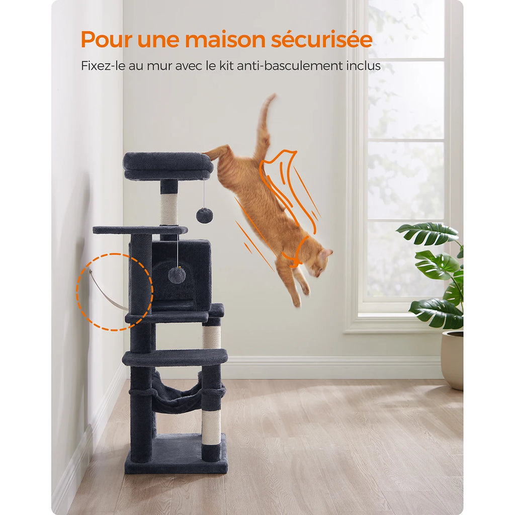 Arbre à chat noir 112 cm – Arbre à chat multi-niveaux avec 4 griffoirs, 2 perchoirs et niche douillette pour chats d’intérieur