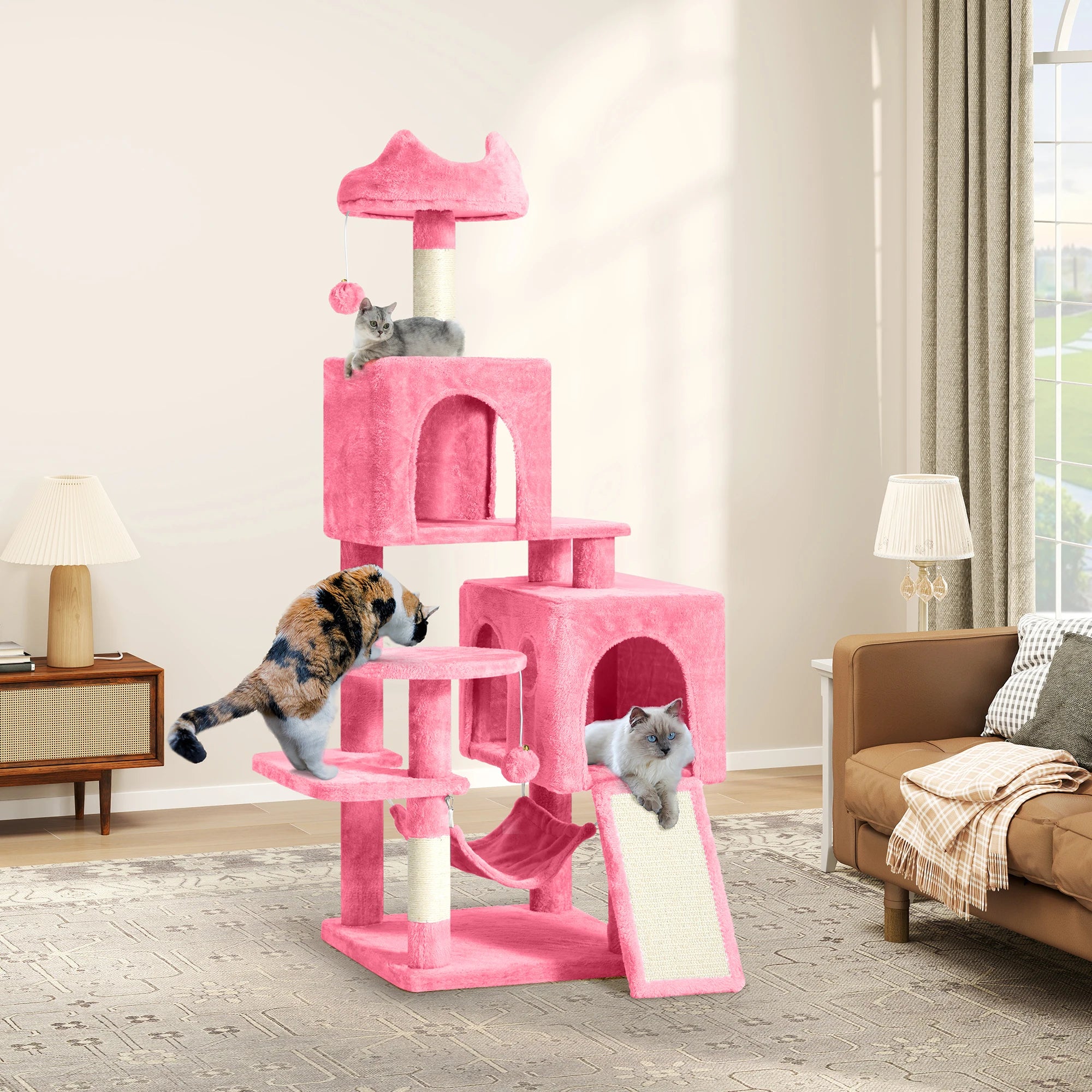 Arbre à chat rose 137 cm – Grand arbre avec hamac, jouets, poteaux en sisal et cachettes pour grands chats