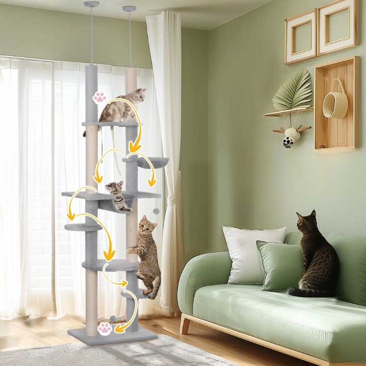 Arbre à chat gris et blanc sol-plafond réglable 225–255 cm
