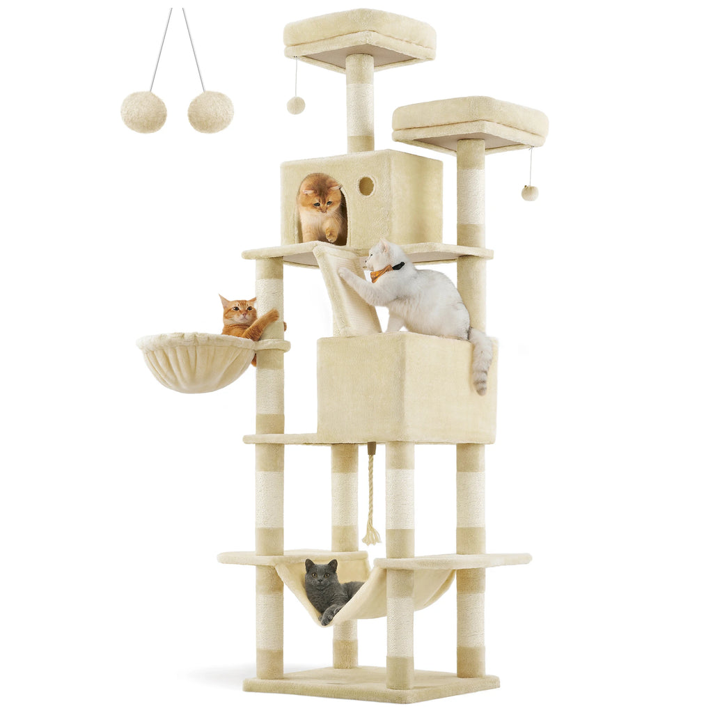 Arbre à Chat XXL beige 206 cm – Arbre à chat multi-niveaux avec Griffoirs, Perchoirs, Hamac et Maisons pour Chats