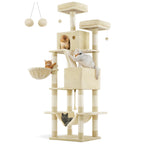 Arbre à Chat XXL beige 206 cm – Arbre à chat multi-niveaux avec Griffoirs, Perchoirs, Hamac et Maisons pour Chats