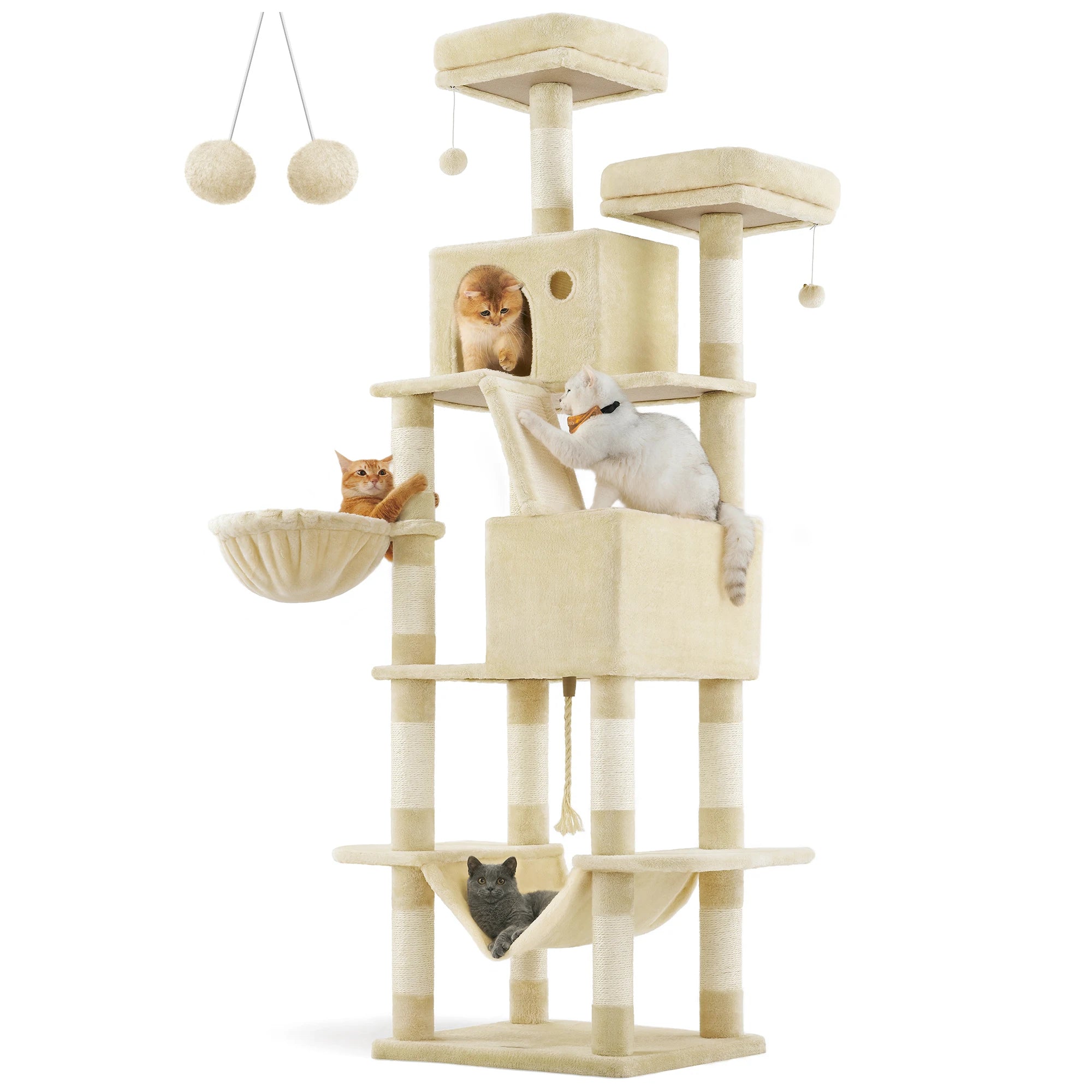 Arbre à Chat XXL beige 206 cm – Arbre à chat multi-niveaux avec Griffoirs, Perchoirs, Hamac et Maisons pour Chats