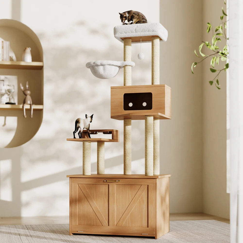 Arbre à chat moderne tout-en-un – Tour design avec hamac, grand perchoir et placard intégré