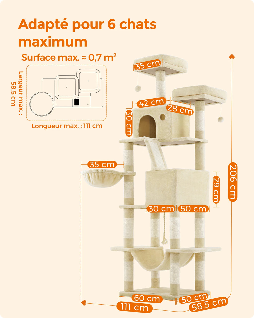 Arbre à Chat XXL beige 206 cm – Arbre à chat multi-niveaux avec Griffoirs, Perchoirs, Hamac et Maisons pour Chats