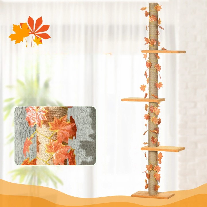 Arbre à chat du sol au plafond – Arbre à chat beige/orange multi-niveaux hauteur réglable 202 à 242 cm
