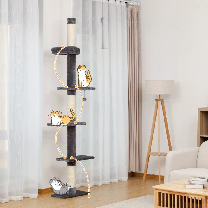 Arbre à chat sol plafond réglable 243–273 cm gris et blanc