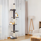 Arbre à chat gris et blanc ajustable de 243 à 273 cm – Arbre à chat du sol au plafond avec poteaux à griffer et jouets