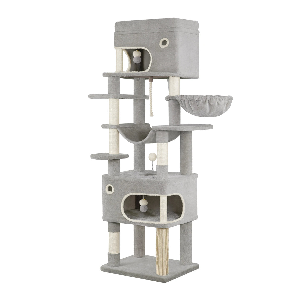 Arbre à chat XXL gris 178 cm avec niches, griffoirs et pompons