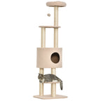 Arbre à chat beige 148 cm avec niche, poteaux en sisal et 3 plateformes