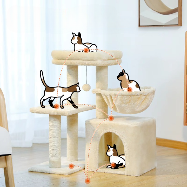 Arbre à chat beige 73 cm avec hamac confortable et niche