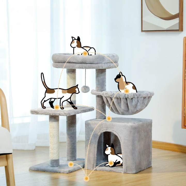 Arbre à Chat gris 73 cm avec Griffoir en Sisal, Hamac Confortable, Niche Spacieuse et Jouets