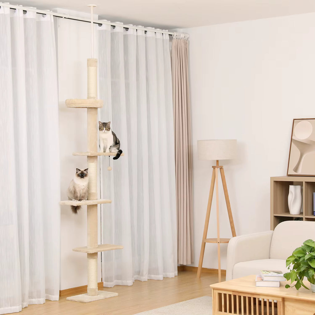 Arbre à chat beige et blanc ajustable de 243 à 273 cm – Arbre à chat du sol au plafond avec poteaux à griffer et jouets