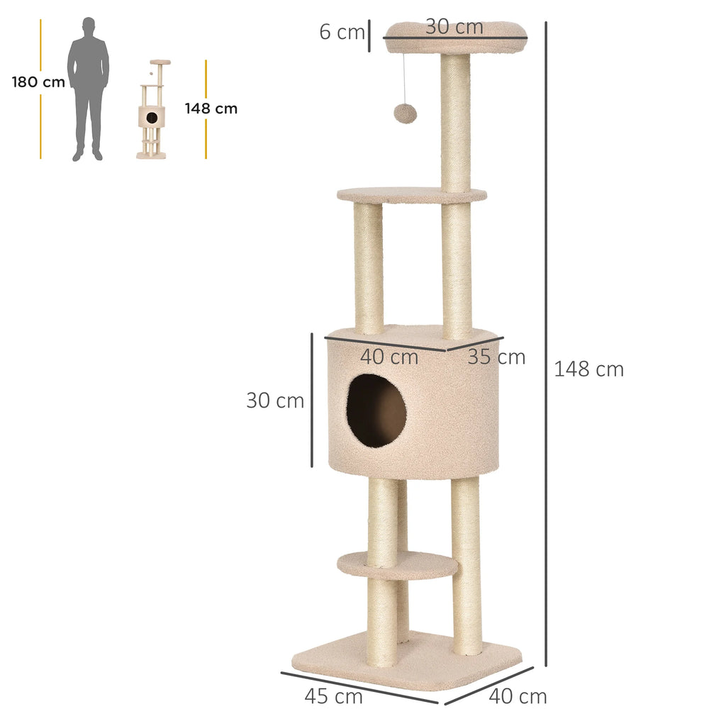 Arbre à chat beige 148 cm avec niche, poteaux en sisal et 3 plateformes