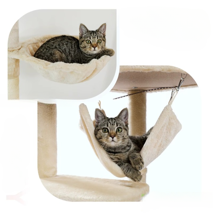 Arbre à chat beige du sol au plafond avec griffoirs, hamac et condo douillet