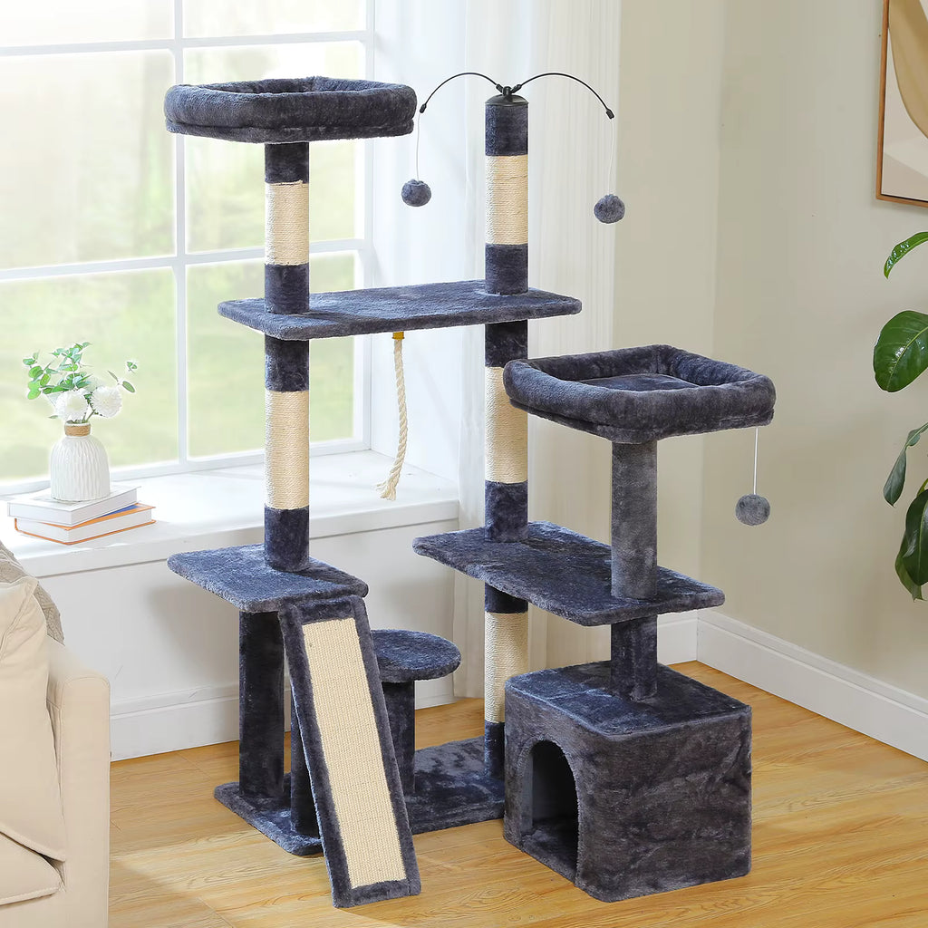 Arbre à Chat gris et blanc multi-niveaux avec Poteaux en Sisal, Niche et Coussin Doux – Idéal pour Chats d’Intérieur
