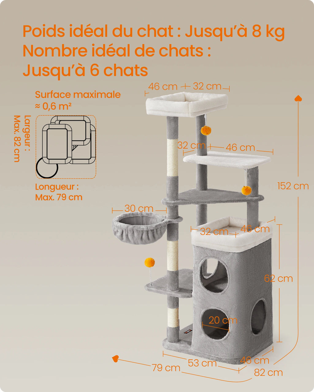 Arbre à Chat Gris 152 cm – Hamac, 2 Caches Spacieuses, 3 Griffoirs et Plateformes pour Chats