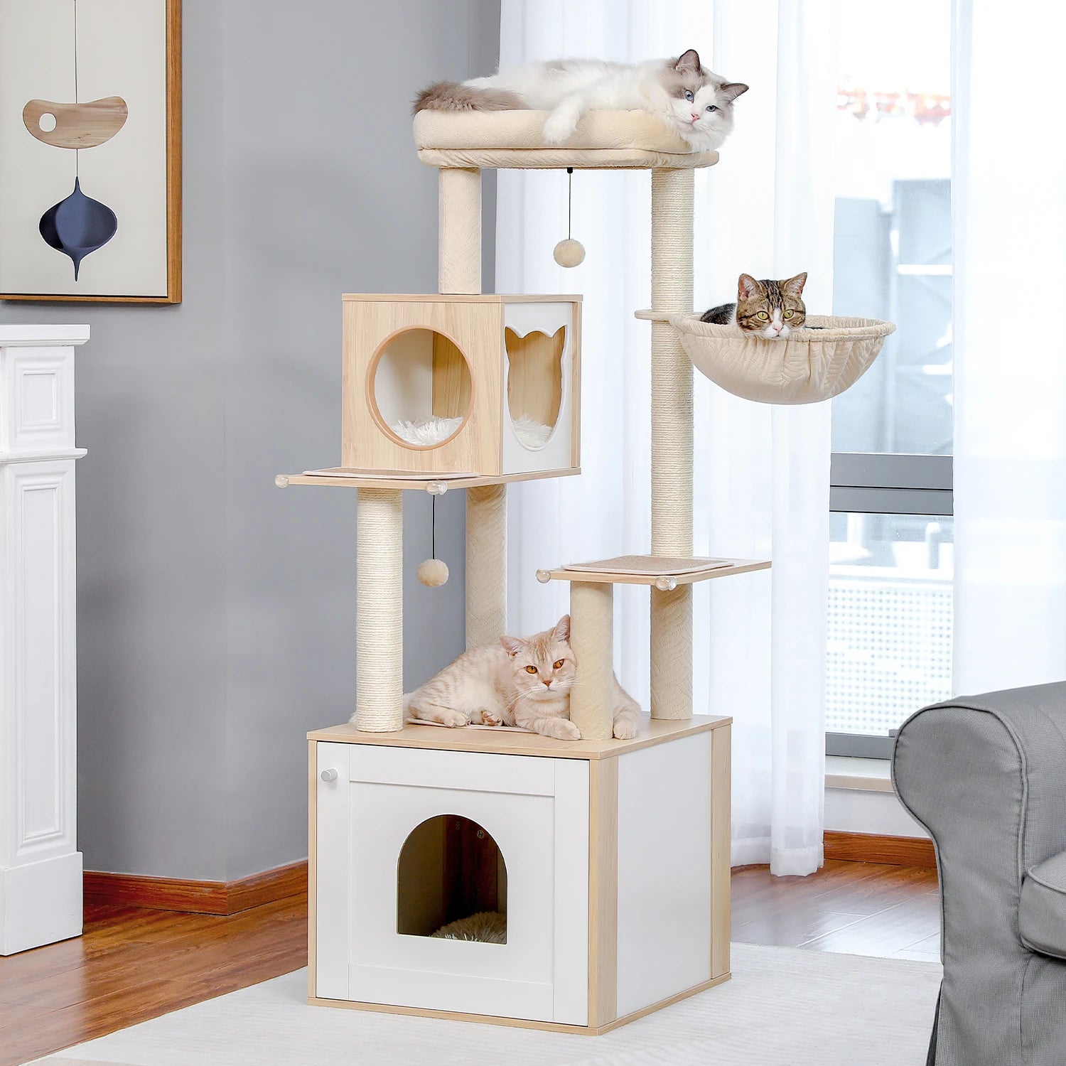 Arbre à Chat Beige et Blanc Multi-Niveaux en Bois avec Griffoirs, Niche Spacieuse, Hamac, Perchoir et Jouets