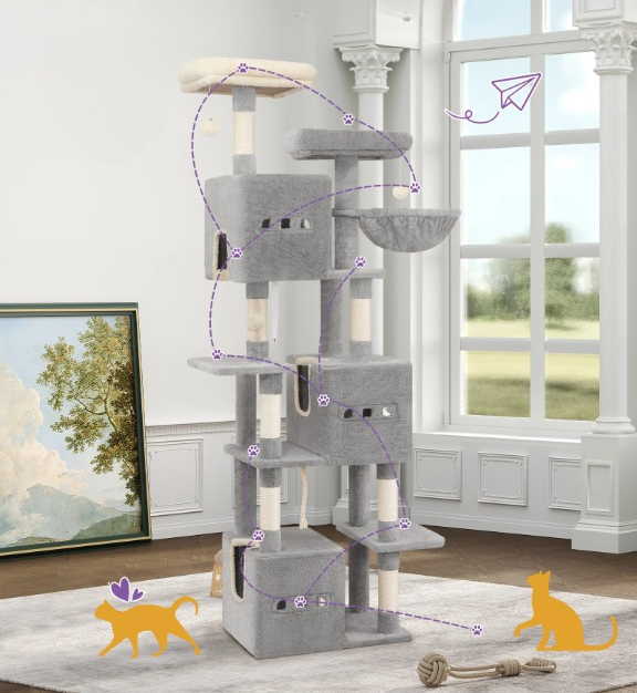 Arbre à chat gris XXL 193 cm – Arbre à chat multi-niveaux avec griffoirs, plateformes et hamacs