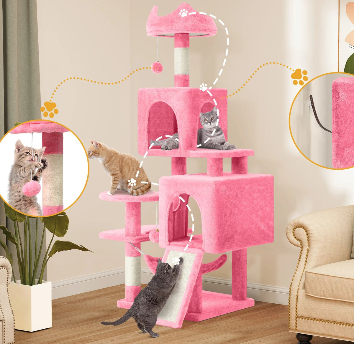 Grand arbre à chat rose 137 cm avec hamac et cachettes