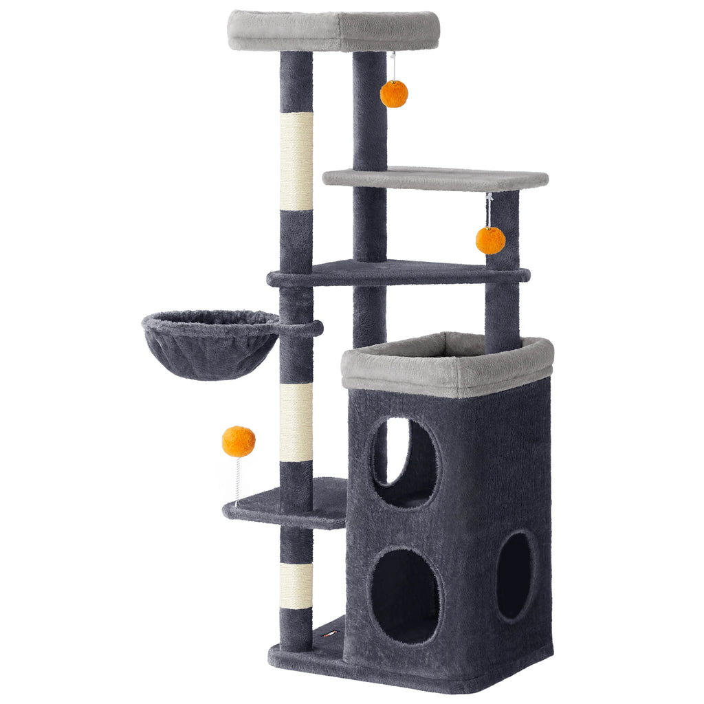 Arbre à Chat Noir 152 cm – Hamac, 2 Caches Spacieuses, 3 Griffoirs et Plateformes pour Chats