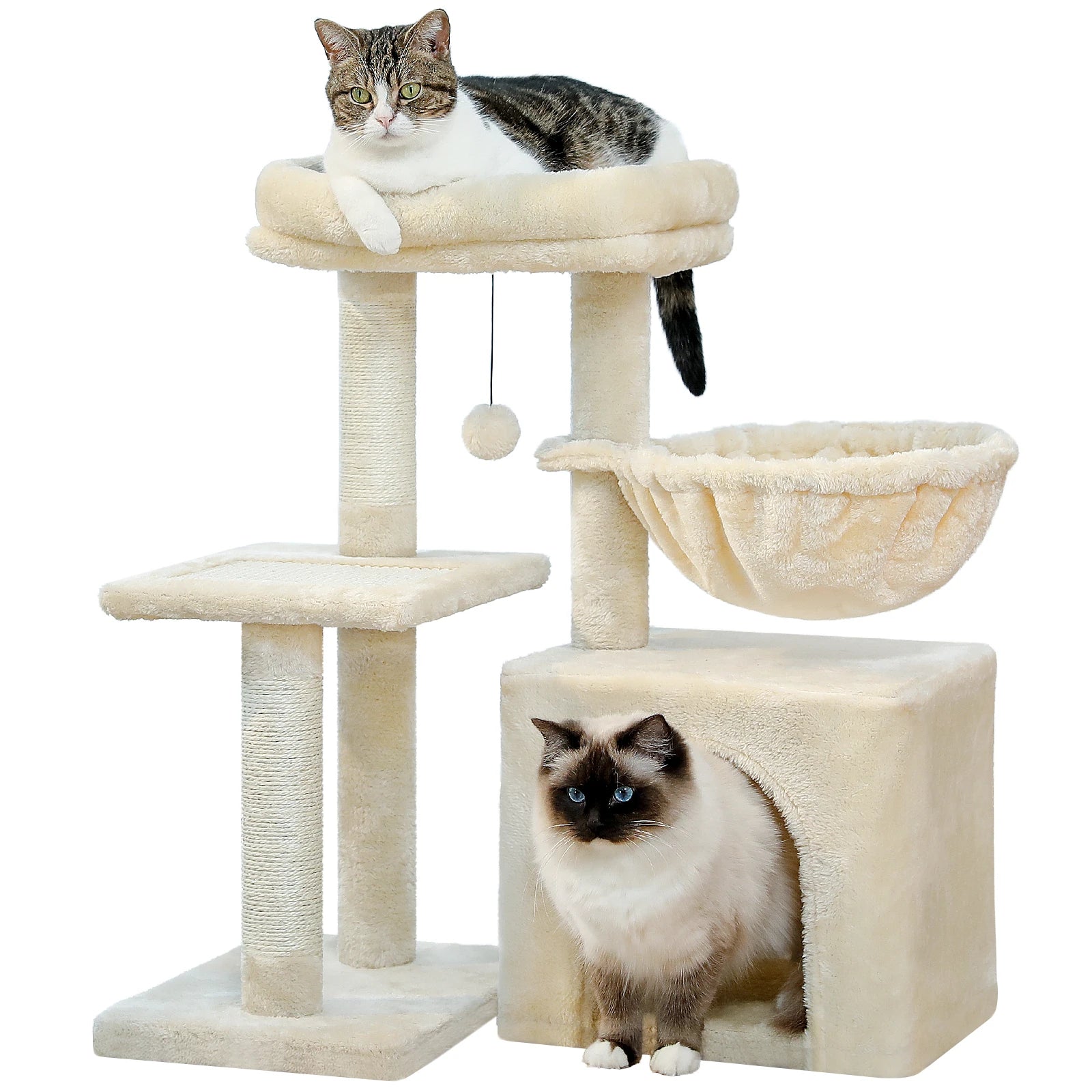 Arbre à Chat beige 73 cm avec Griffoir en Sisal, Hamac Confortable, Niche Spacieuse et Jouets