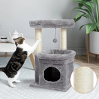 Arbre à Chat Gris Multifonction avec Niche, Griffoirs Naturels et Jouet Suspendu